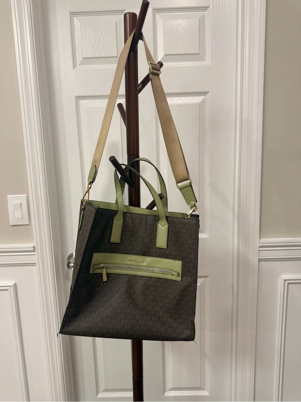 Michael Kors Brown Logo Kenly Tote Bag with Olive Trim and Beige Strap